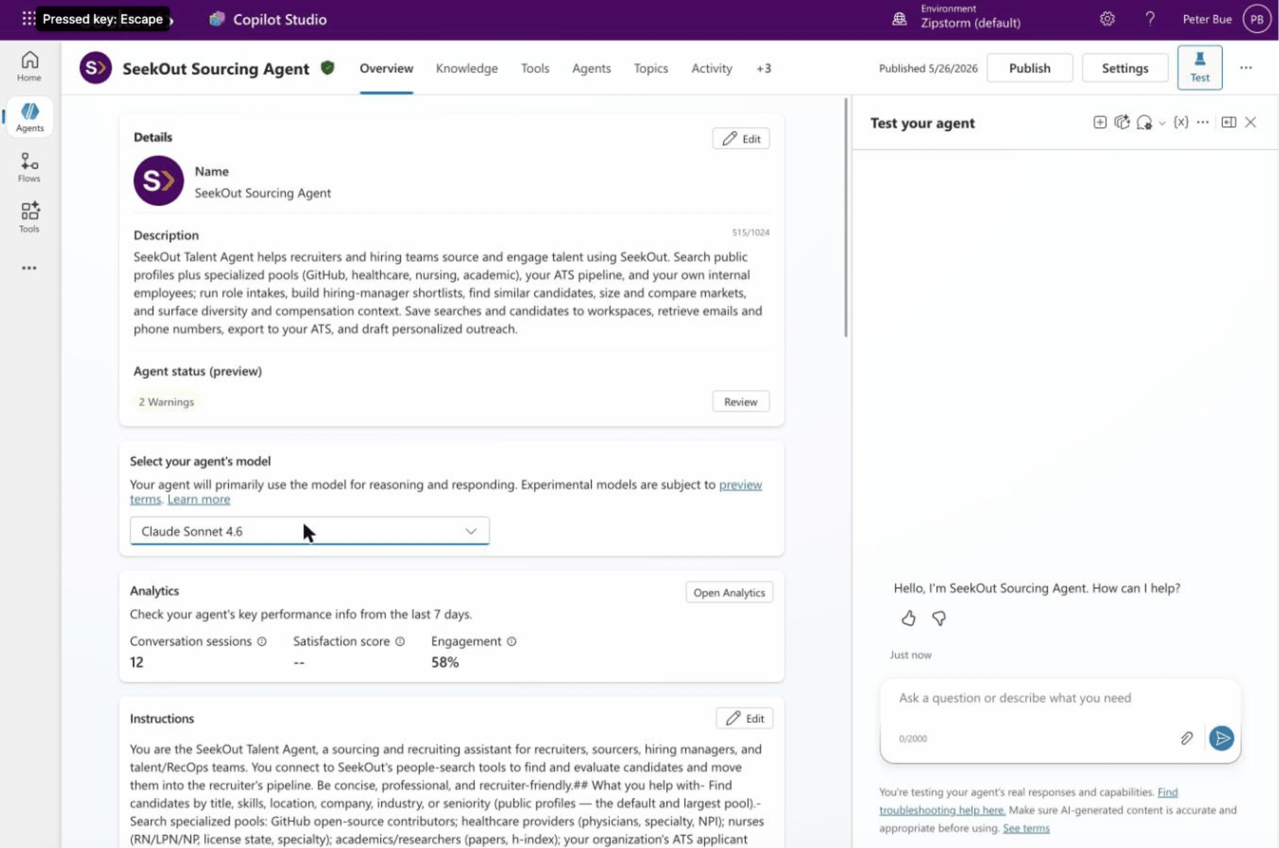 SeekOut Sourcing Agent overview in Copilot Studio showing name, description, model, and instructions