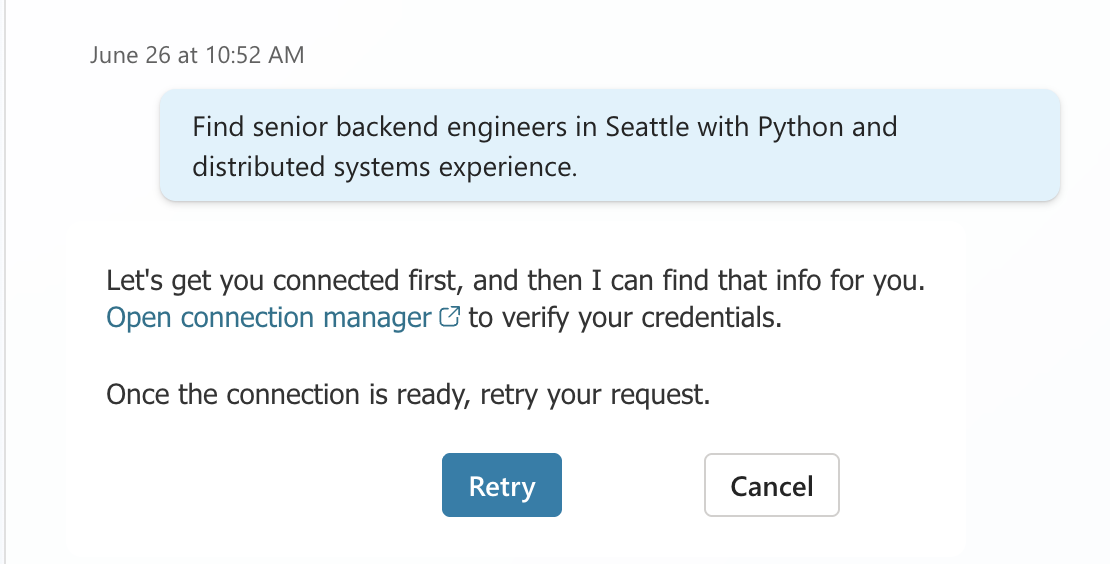 Agent prompting to open the connection manager before running a SeekOut search